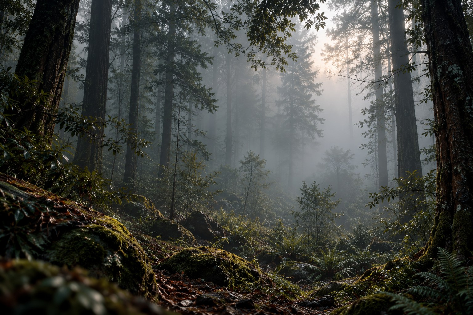 Misty, moss-covered forest at dawn; supplied editorial artwork, not an ingredient sourcing location