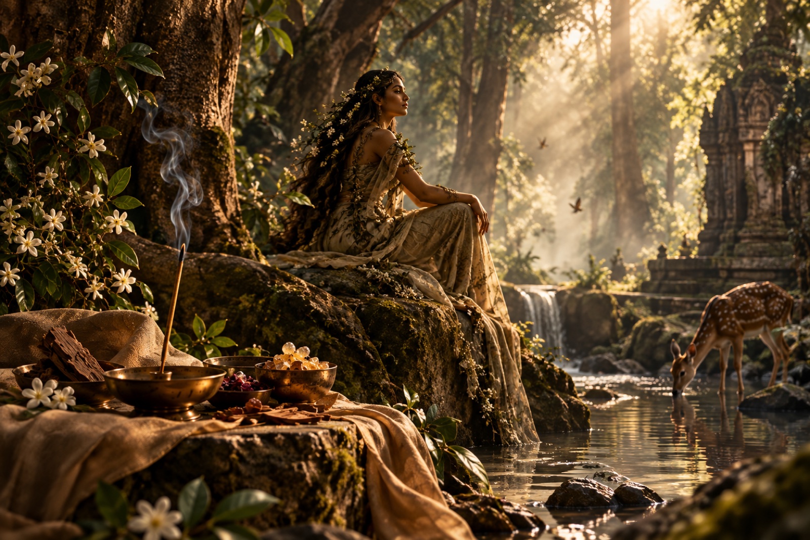 Editorial interpretation of Araṇyānī as a seated figure among forest trees, with incense and a stream