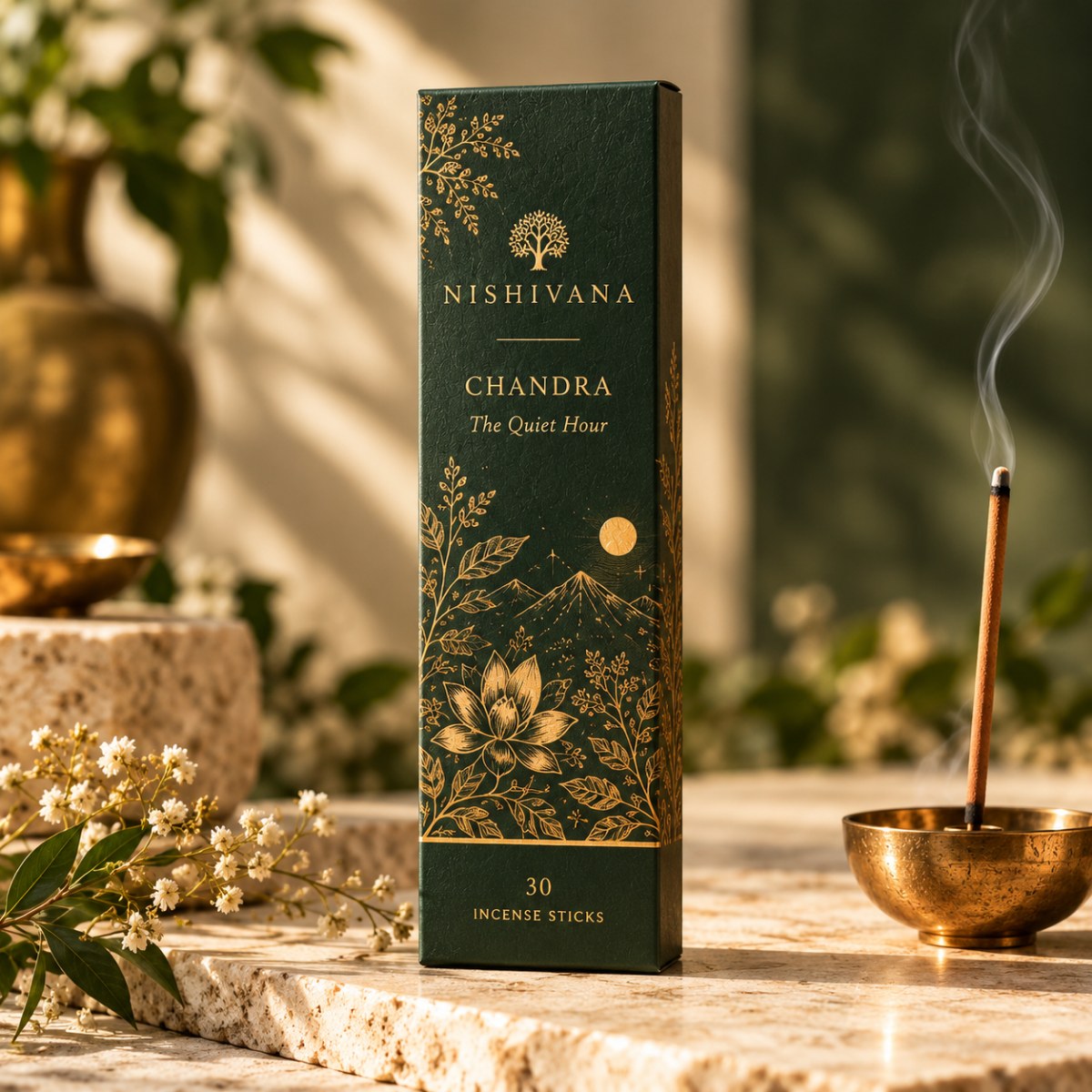 Nishivana Chandra packaging artwork showing a box labelled 30 incense sticks; accessories not confirmed