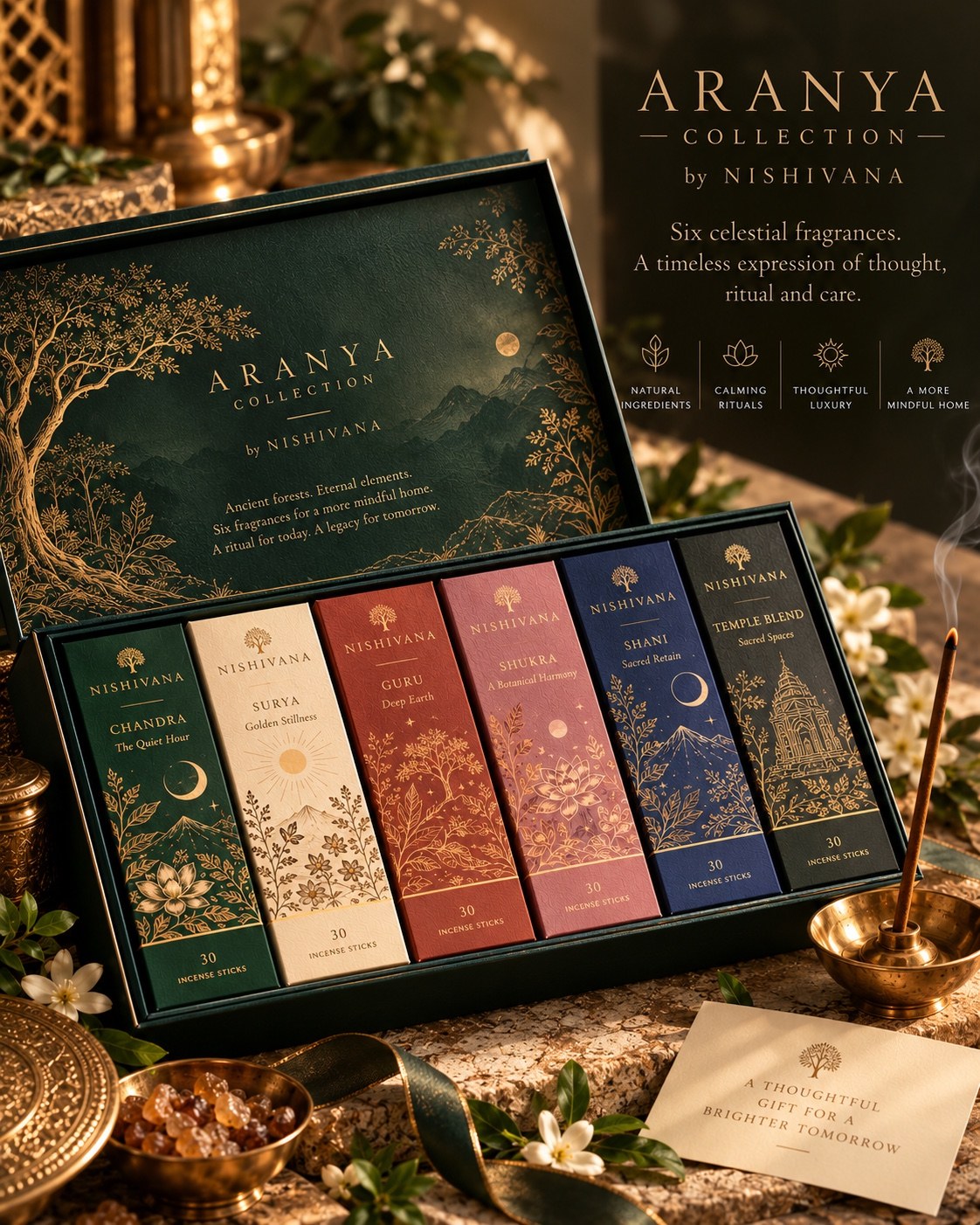 Nishivana Aranya collection packaging artwork showing six fragrance boxes, including Temple Blend