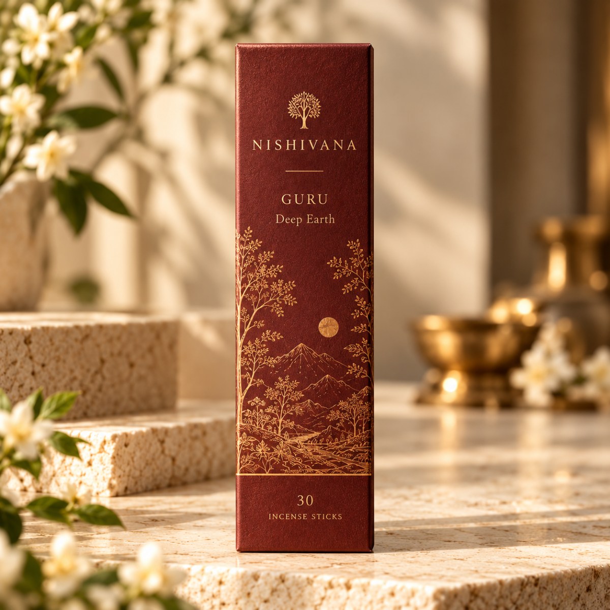 Nishivana Guru packaging artwork showing a box labelled 30 incense sticks; accessories not confirmed