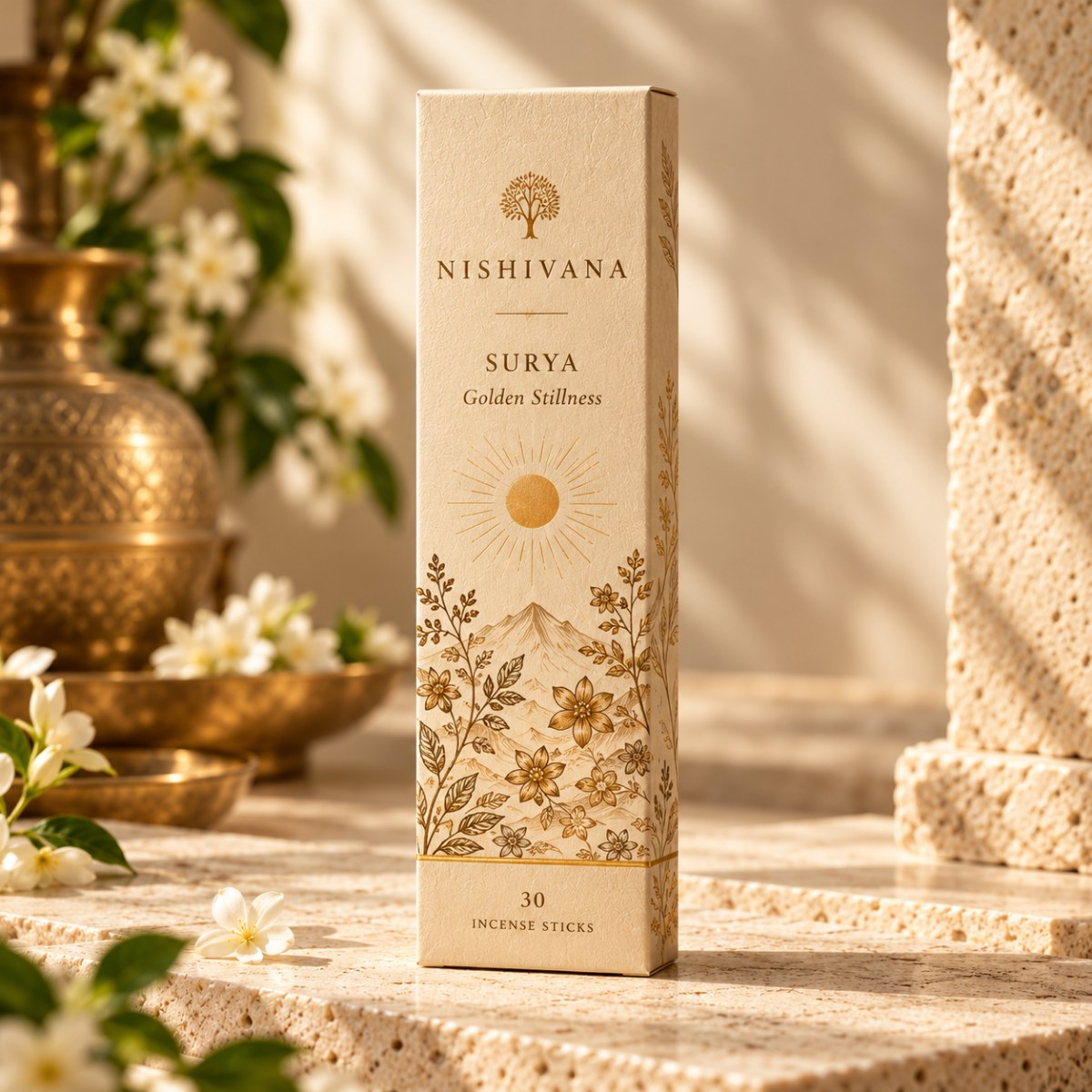 Nishivana Surya packaging artwork showing a box labelled 30 incense sticks; accessories not confirmed